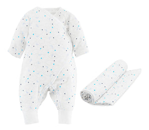 Muslin swaddle blanket and jumpsuit, organic cotton