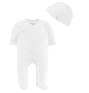 Footed baby jumpsuit and hat set, organic cotton