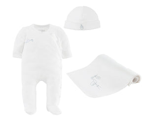 Footed baby jumpsuit, hat and swaddle blanket set