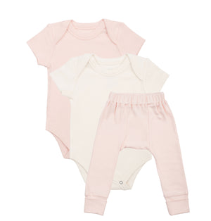 Organic cotton onesies and pants, in cream and pink
